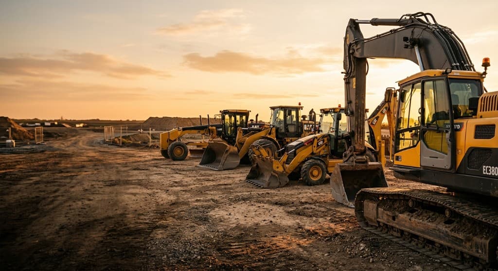 Excavators, backhoe loaders and graders lined up on a construction site at dusk