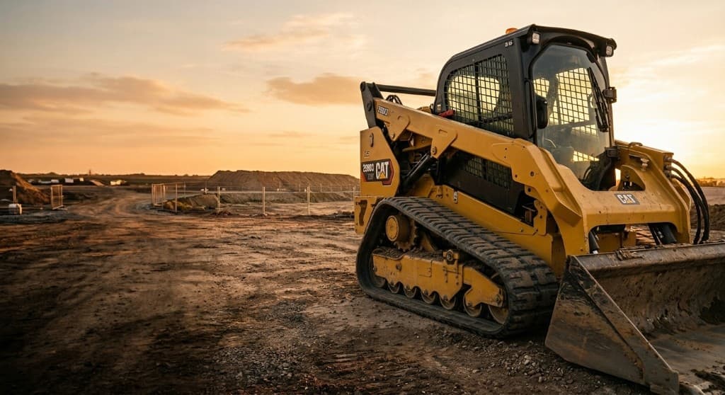 Compact track loader on a construction site at sunset