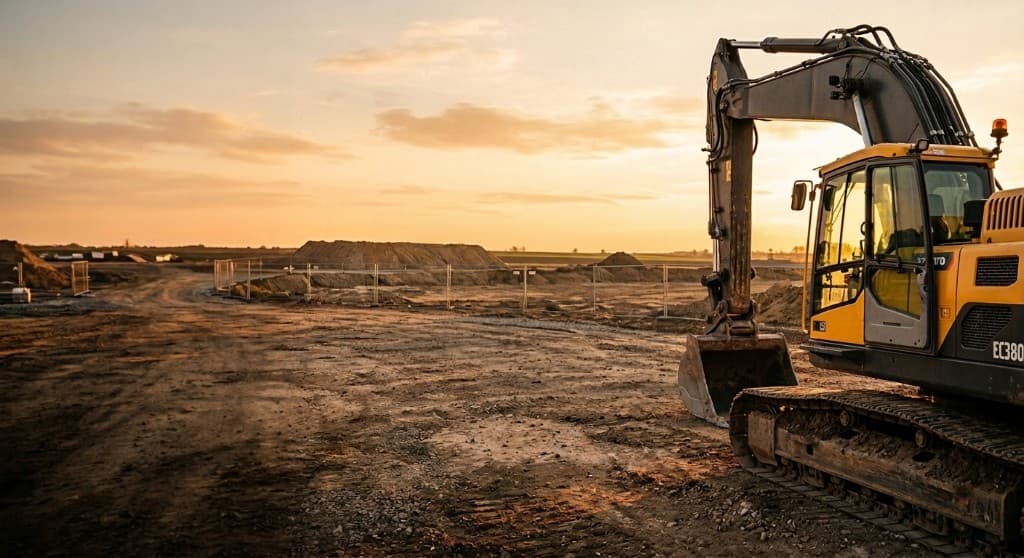 Tracked excavator on a construction site at sunset