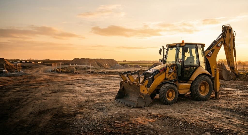 Backhoe loader on a construction site at sunset