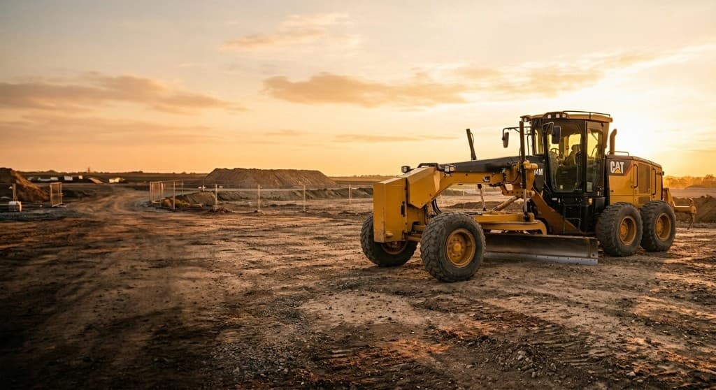 Motor grader on a construction site at sunset
